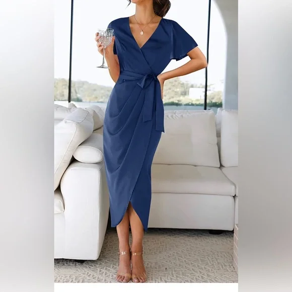 Bodycon Dress Satin V Neck Short Sleeve Ruched Tie Waist Wrap Split Midi  Dresses